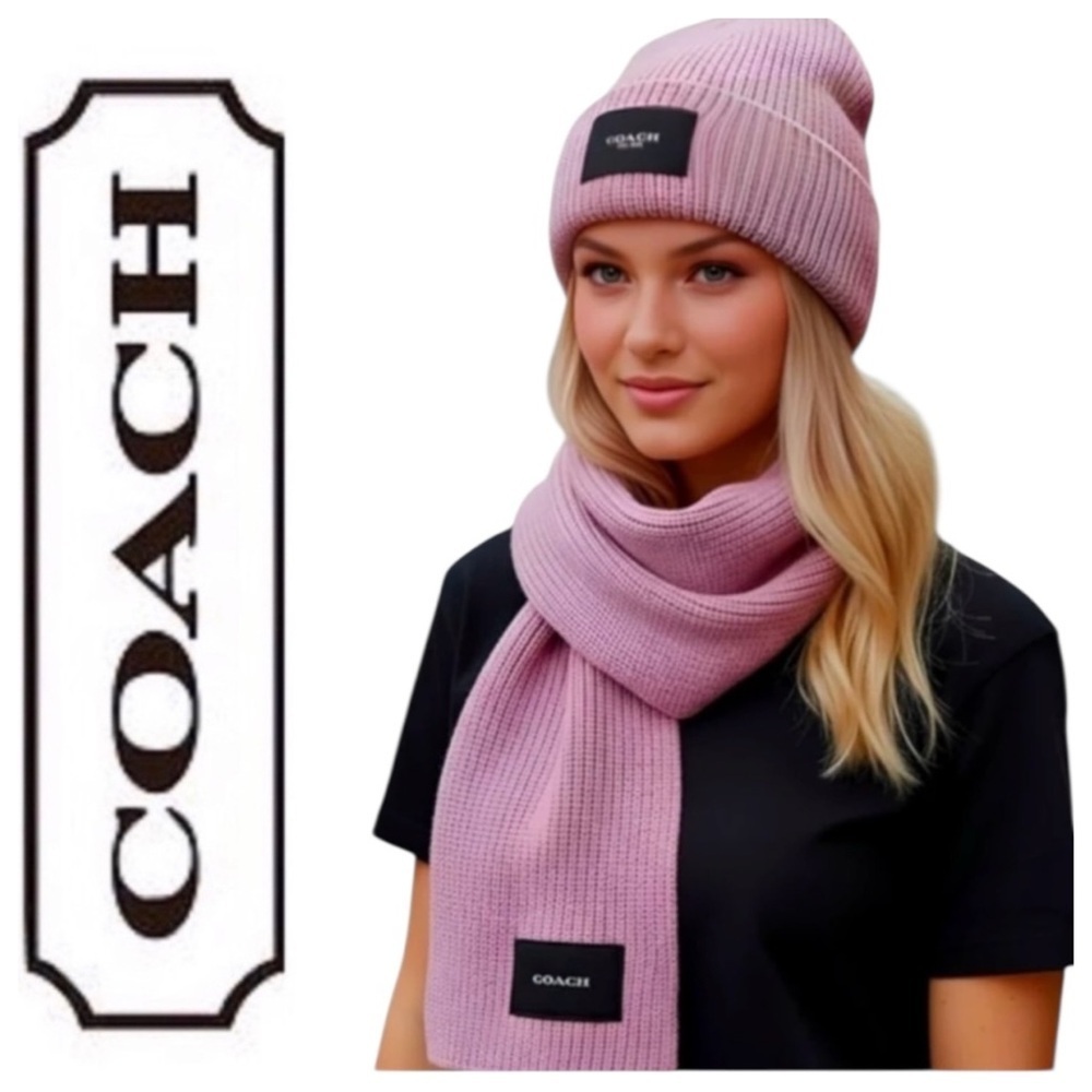 Coach Pink Knit Woven Beanie & Oversized Scarf Set Wool Blend Gift Set NWT $225